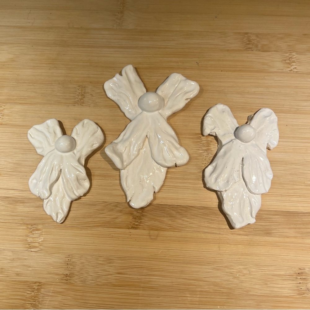 Set of Three Glazed Clay Angel Ornaments Signed by Artist White Hand-made